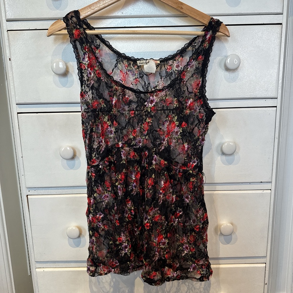 Love Squared Black and Red Floral Lace Top